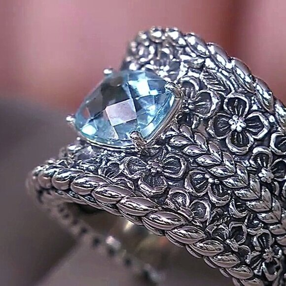 John Hardy JAI Blue Topaz+Floral Textured Saddle Band Sterling Silver Ring-7 NIB - Picture 11 of 15